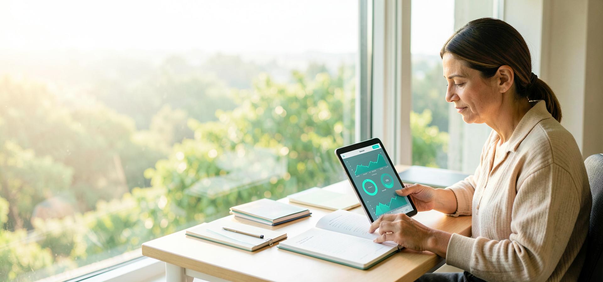 A woman reviewing her personal growth analytics
